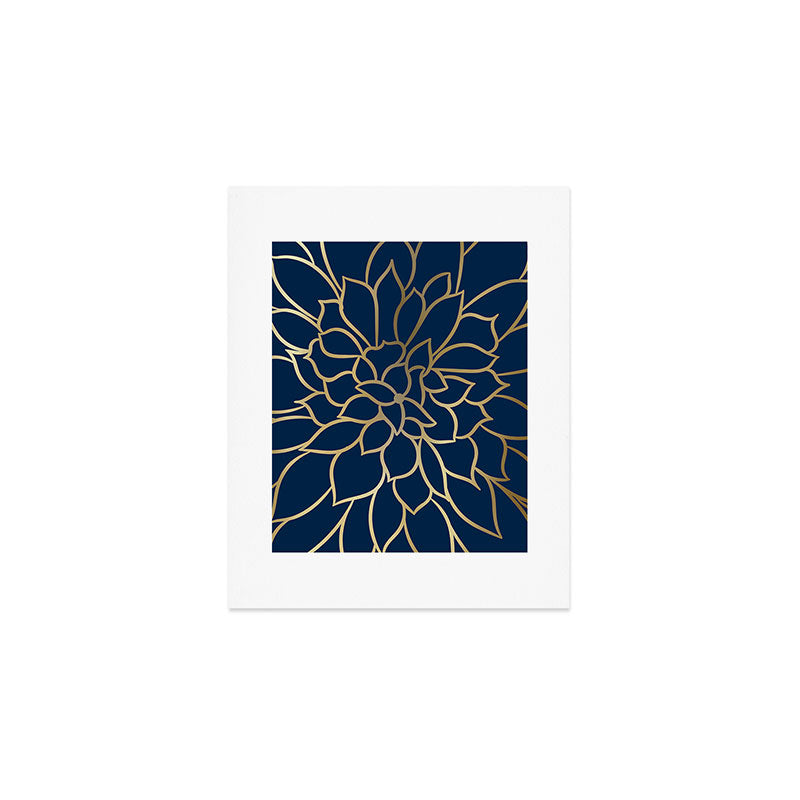 Floral Prints, Line Art, Navy Blue and Gold Art Print Gallery Image 1