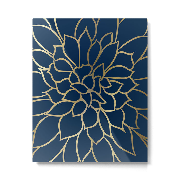 Floral Prints, Line Art, Navy Blue and Gold Metal Print Gallery Image 1