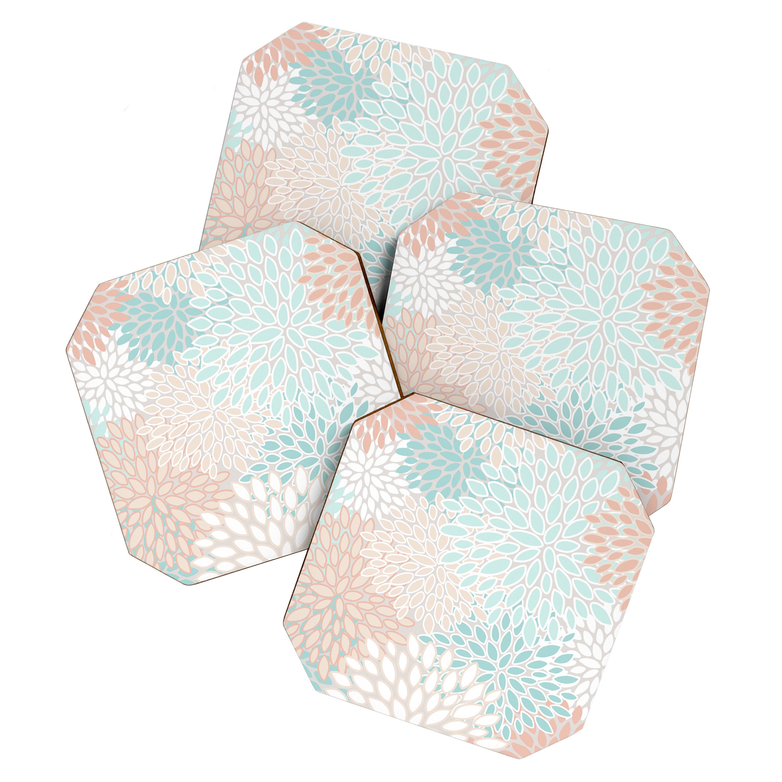 Floral Prints, Soft, Peach and Teal, Modern Print Art Coaster Gallery Image 1