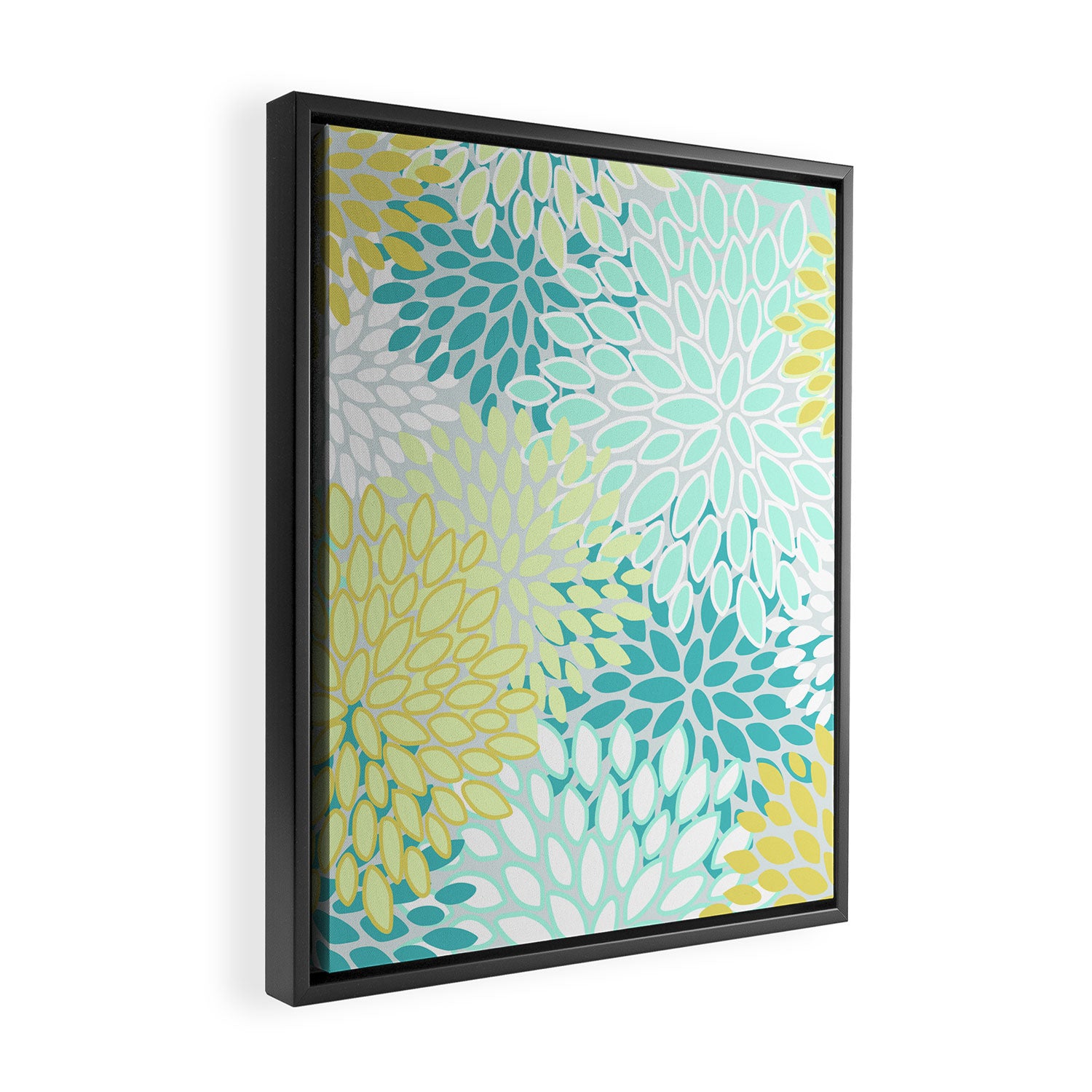 Floral Prints, Teal, Turquoise and Yellow Framed Canvas Print Gallery Image 2