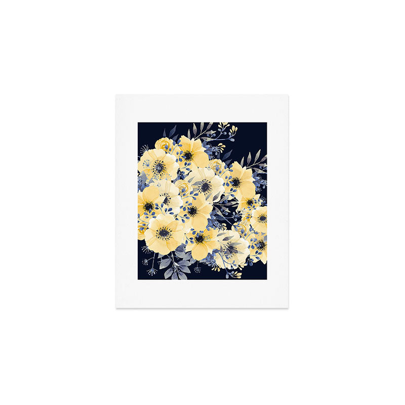 Floral Watercolor Print, Yellow and Navy Blue Art Print Gallery Image 1