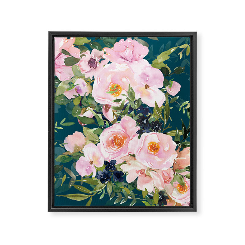Floral Watercolor Rose Garden, Teal and Pink,  Vintage, Wall Art Boho Framed Canvas Print Gallery Image 8