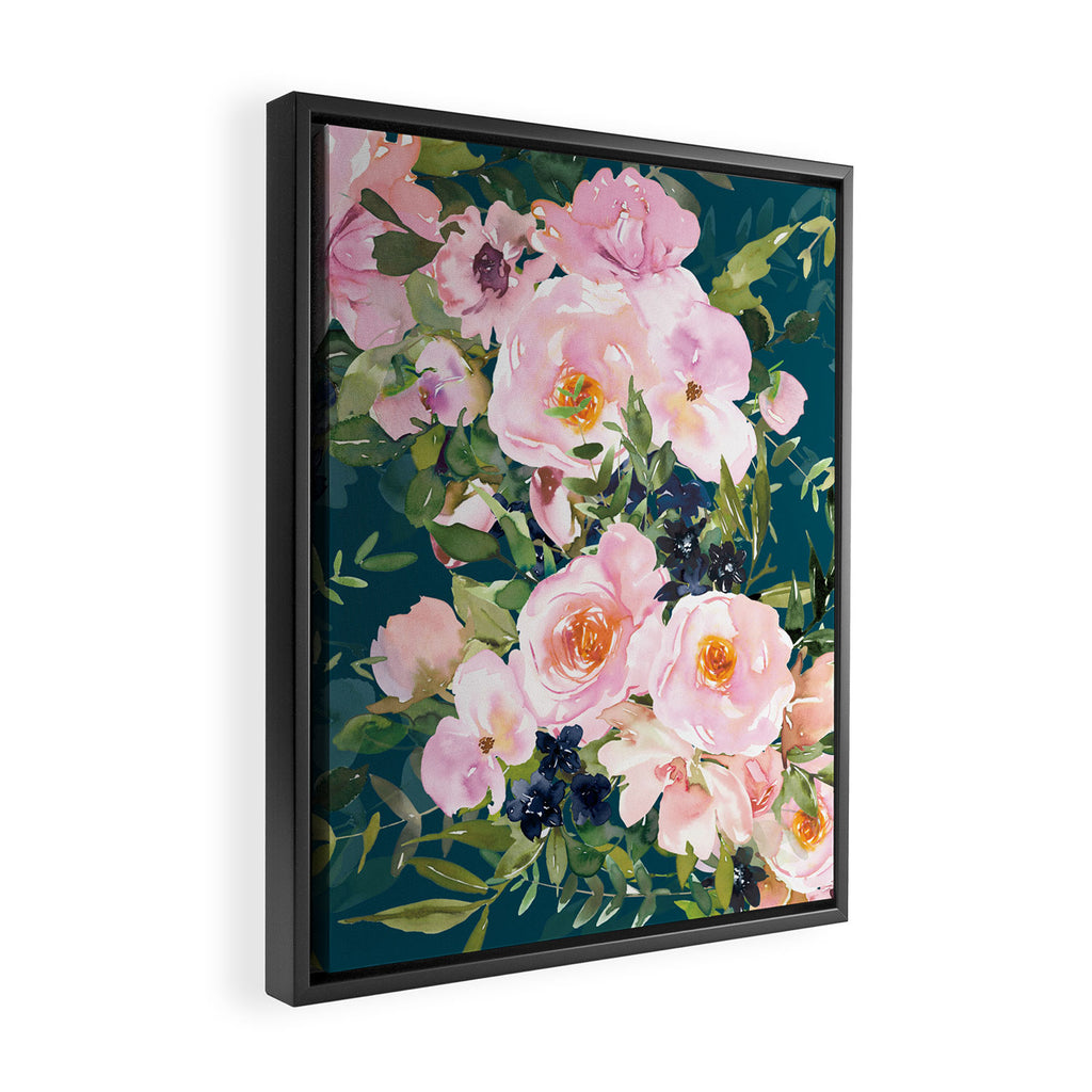 Floral Watercolor Rose Garden, Teal and Pink,  Vintage, Wall Art Boho Framed Canvas Print Gallery Image 2