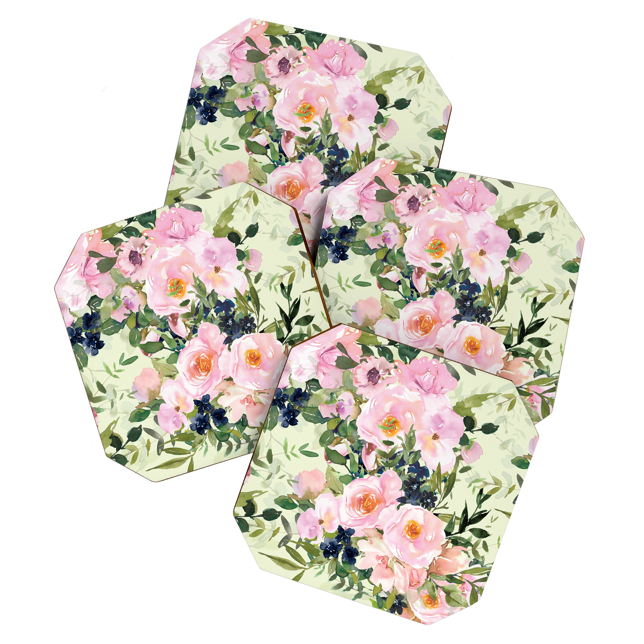 Floral Watercolor Rose Garden, Mint Green and Pink Coaster Gallery Image 1