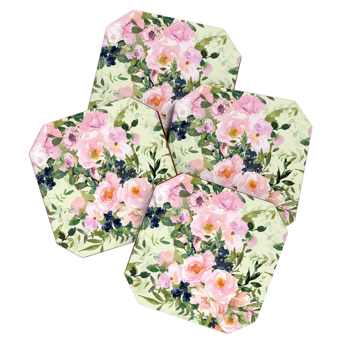Floral Watercolor Rose Garden, Mint Green and Pink Coaster Gallery Image 1