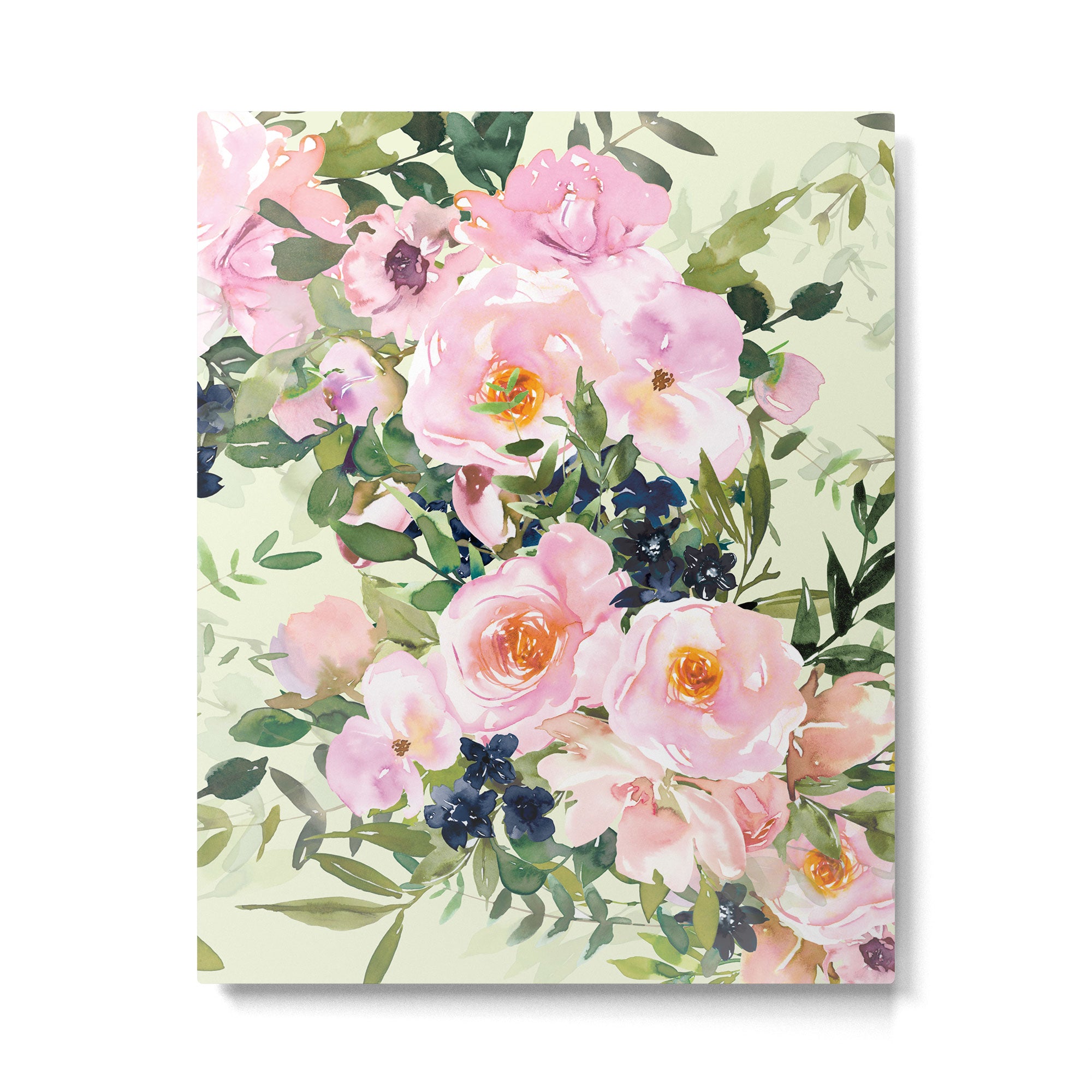 Floral Watercolor Rose Garden, Mint Green and Pink Metal Print Gallery Image 6
