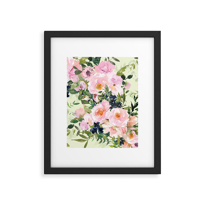 Floral Watercolor Rose Garden, Mint Green and Pink Framed Art Print Gallery Image 6
