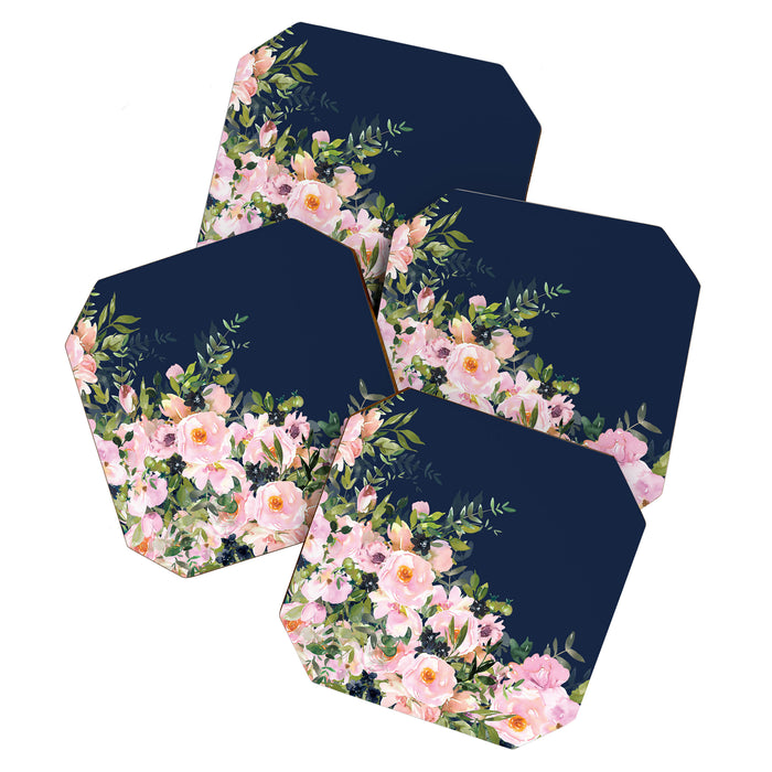 Floral Watercolor, Roses, Navy Blue and Pink, Vintage Art Coaster Gallery Image 1