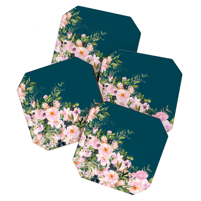 Floral Watercolor Roses, Teal and Pink, Vintage Coaster Gallery Image 1