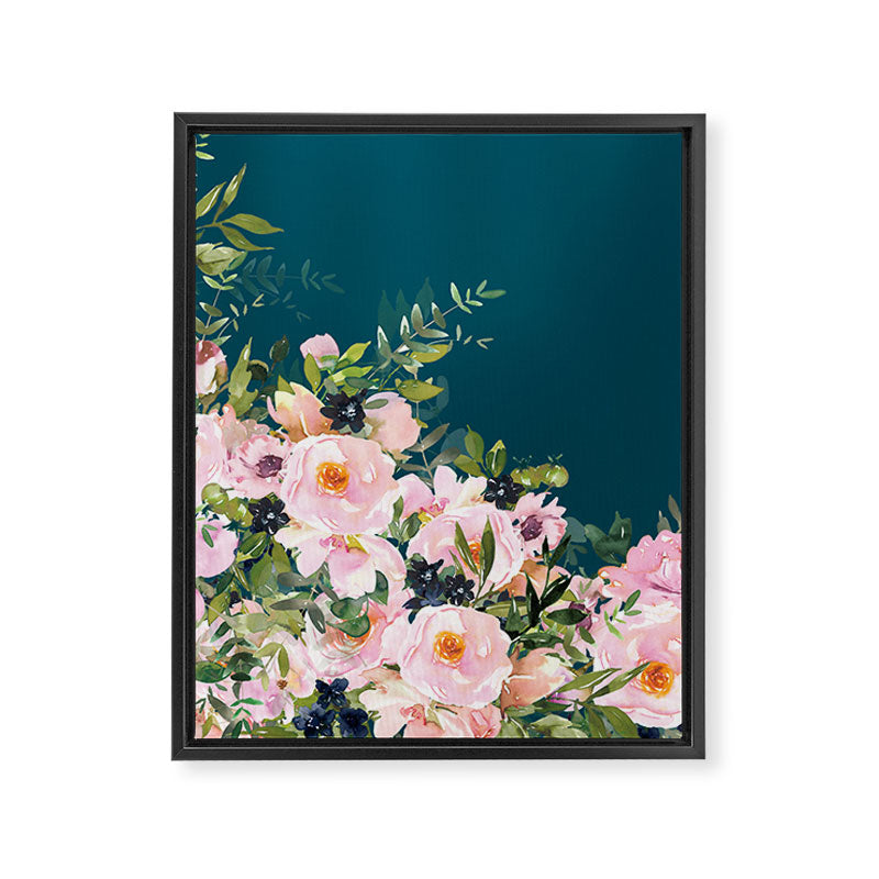 Floral Watercolor Roses, Teal and Pink, Vintage Framed Canvas Print Gallery Image 8