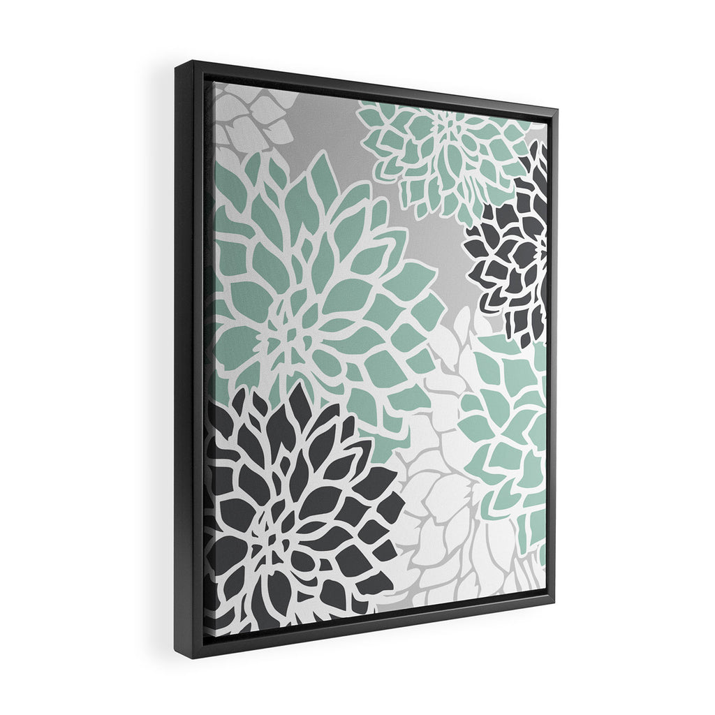Flower Blooms, Teal and Grey Framed Canvas Print Gallery Image 2