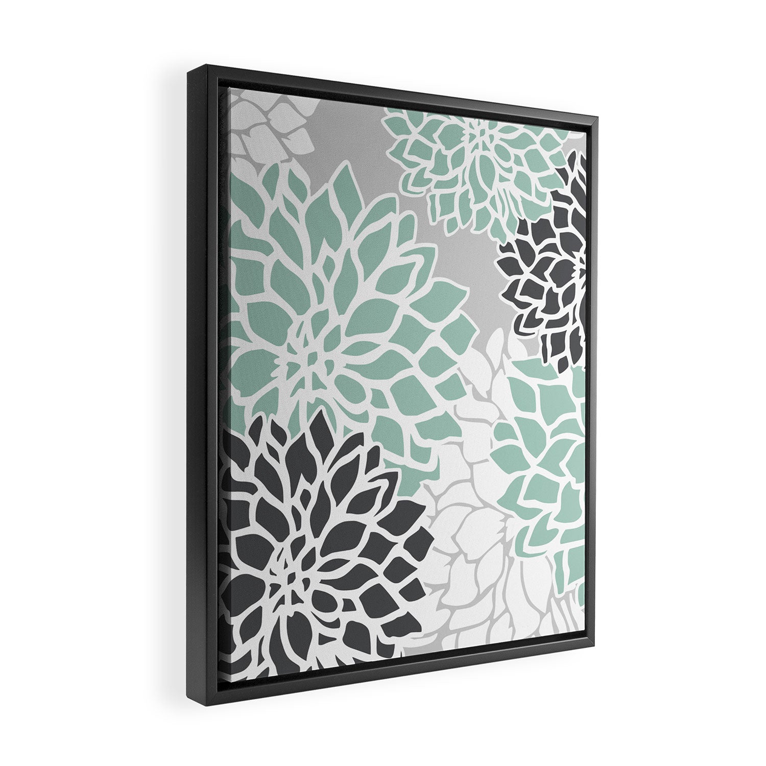Flower Blooms, Teal and Grey Framed Canvas Print Gallery Image 2