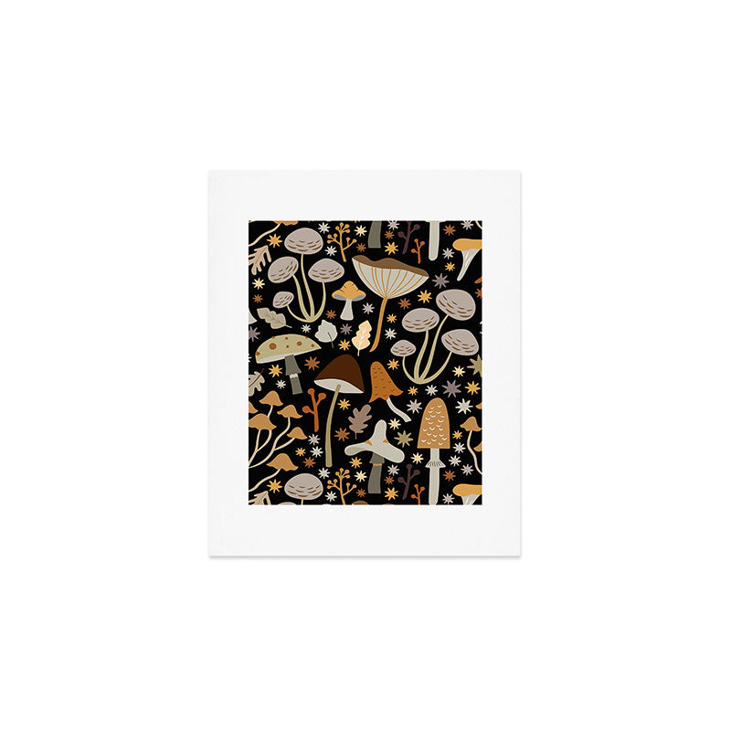 Forest Floor, Mushroom Art on Black Art Print Gallery Image 1