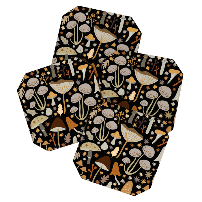 Forest Floor, Mushroom Art on Black Coaster Gallery Image 1