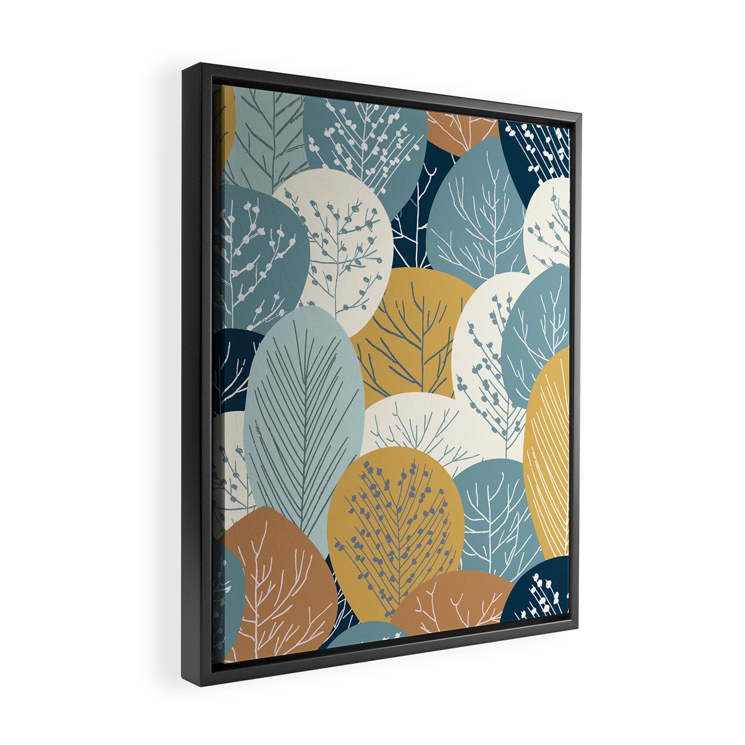 Forest Woodland Trees, Blue, Teal and Yellow, Floral Prints Framed Canvas Print Gallery Image 2