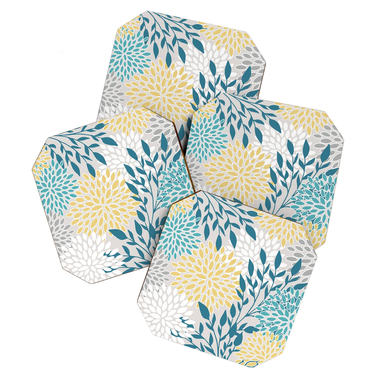 Garden Florals, Yellow, Teal, Gray Coaster Gallery Image 1