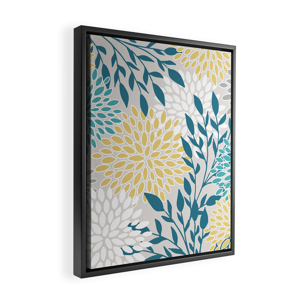 Garden Florals, Yellow, Teal, Gray Framed Canvas Print Gallery Image 2