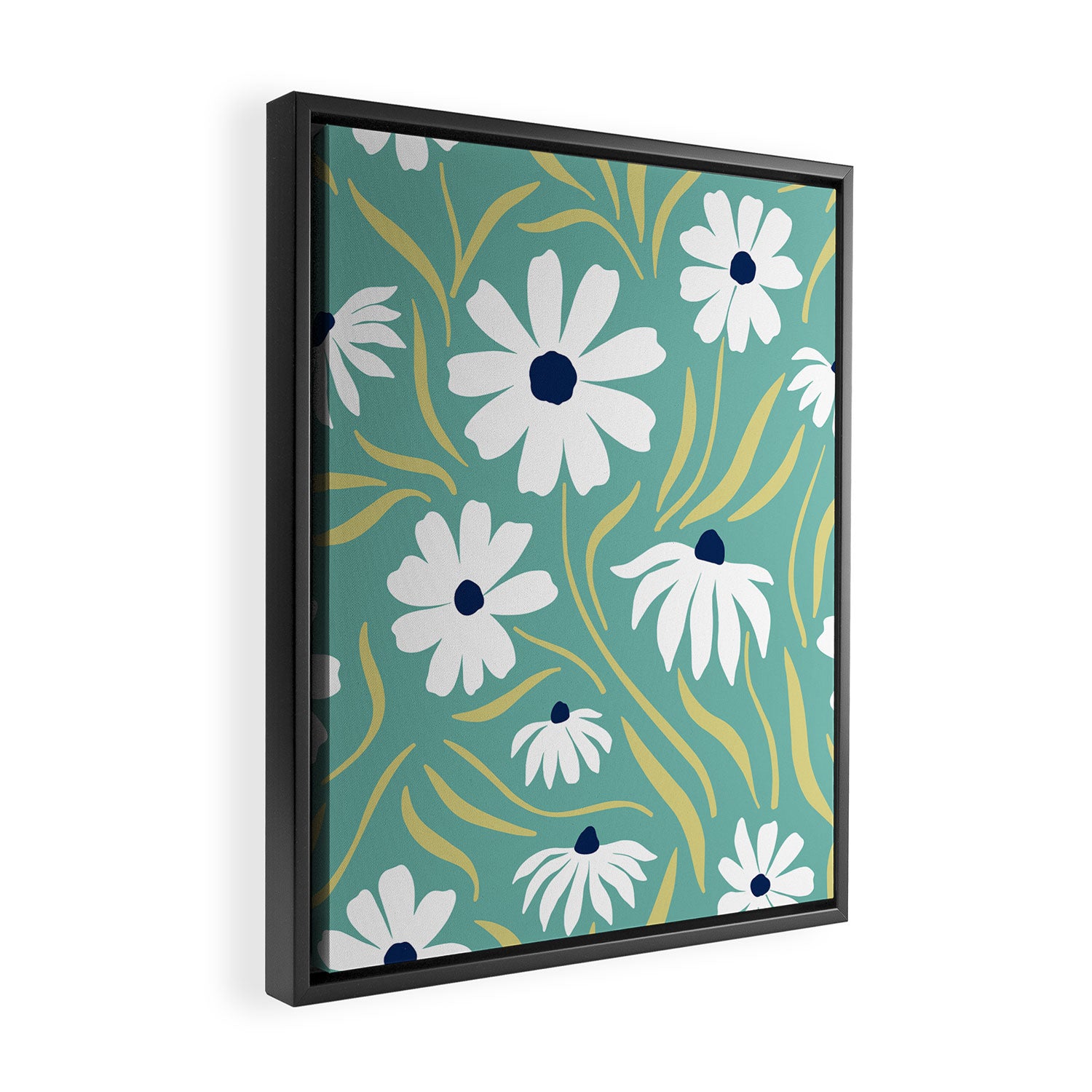 Harper Floral Prints, Teal, Navy, Yellow Framed Canvas Print Gallery Image 2