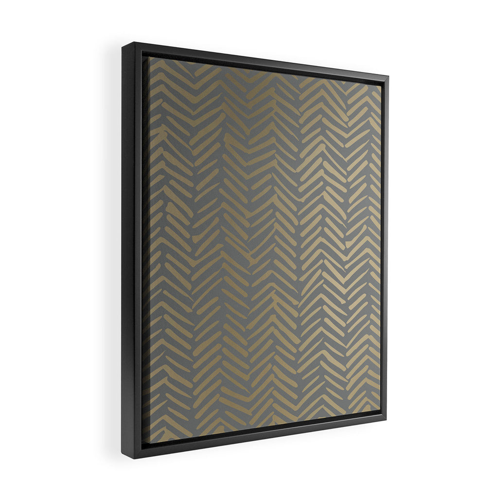Herringbone, Boho, Mudcloth Pattern, Grey and Gold Framed Canvas Print Gallery Image 2