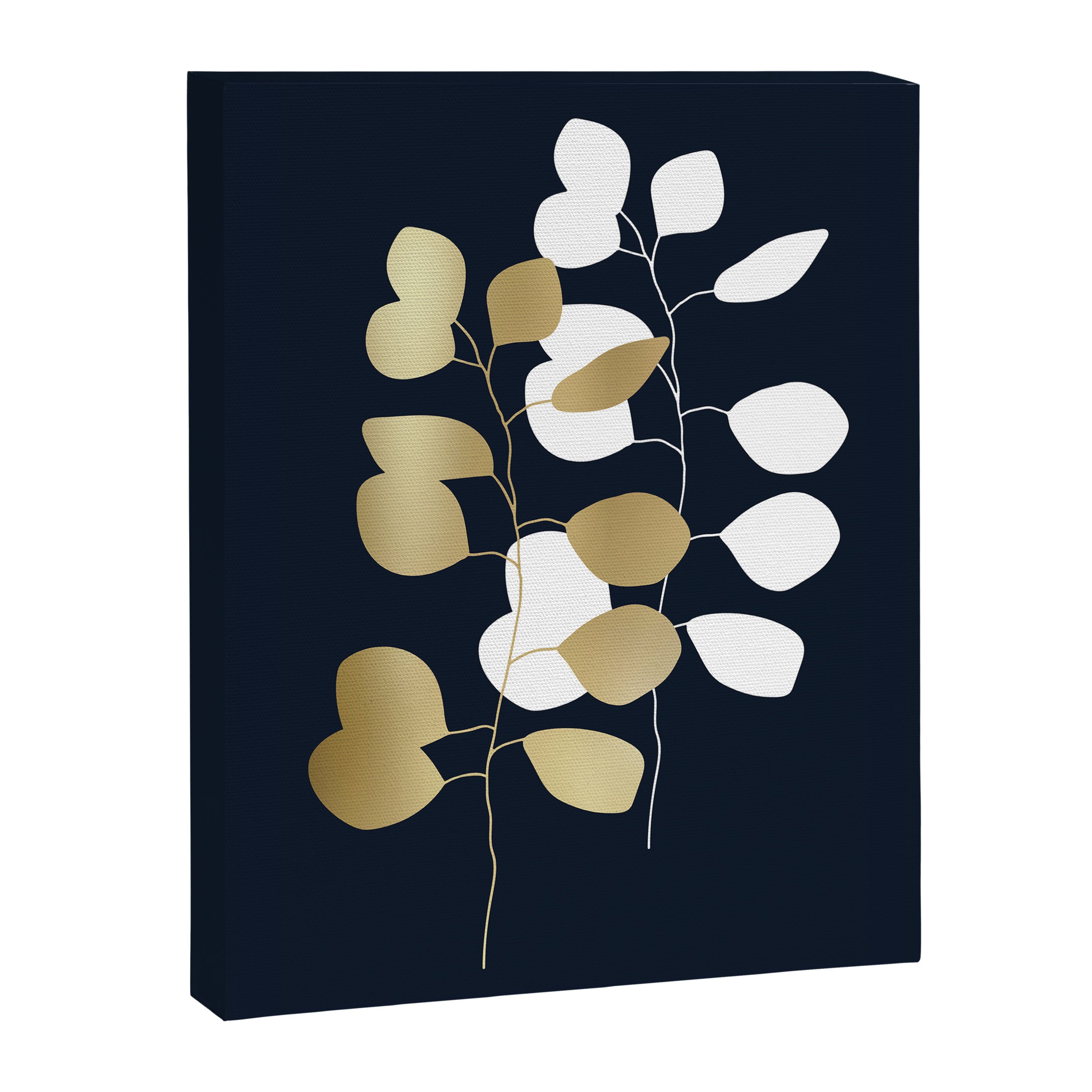 Leaf Duo, Gold and White on Navy Blue Canvas Print Gallery Image 8