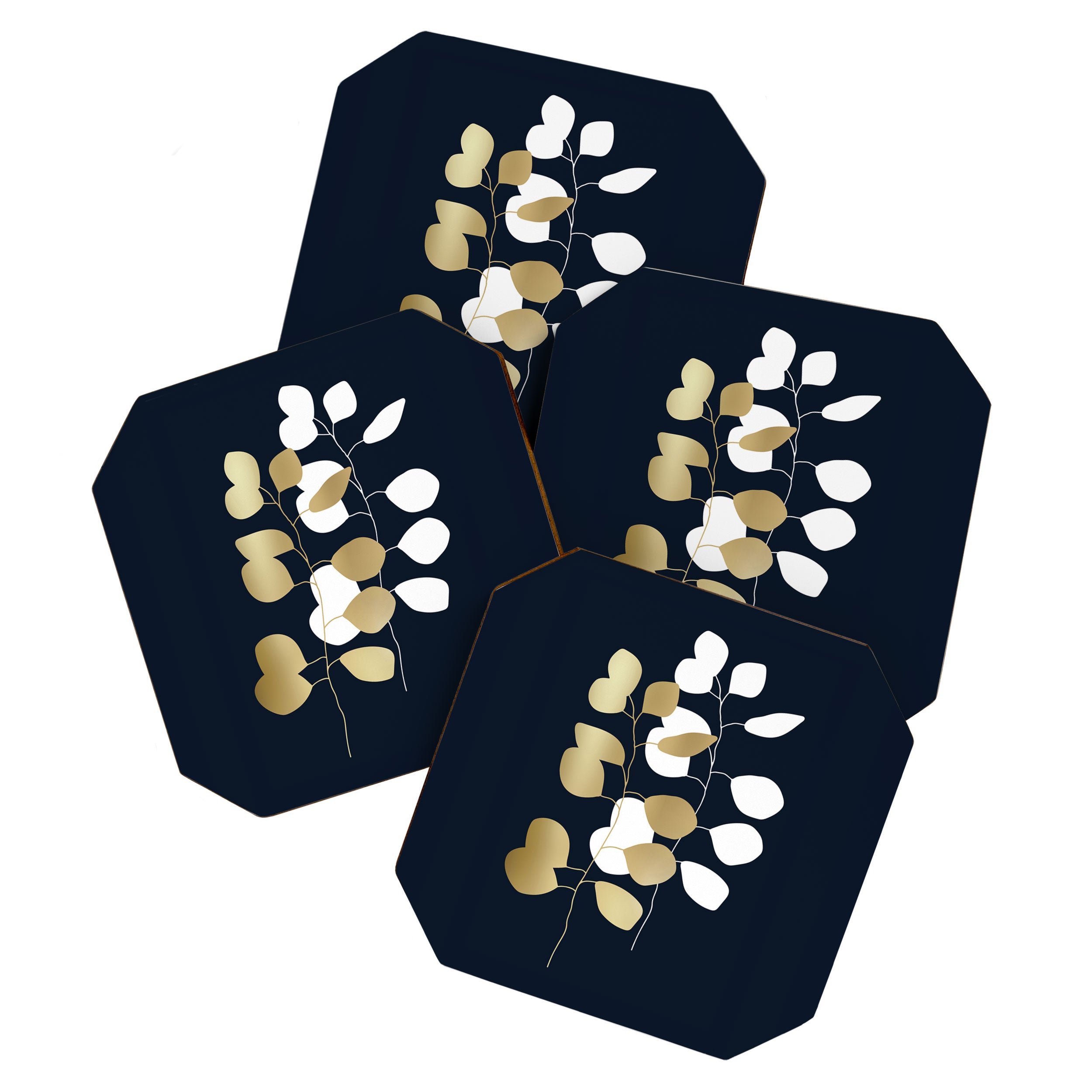 Leaf Duo, Gold and White on Navy Blue Coaster Gallery Image 1