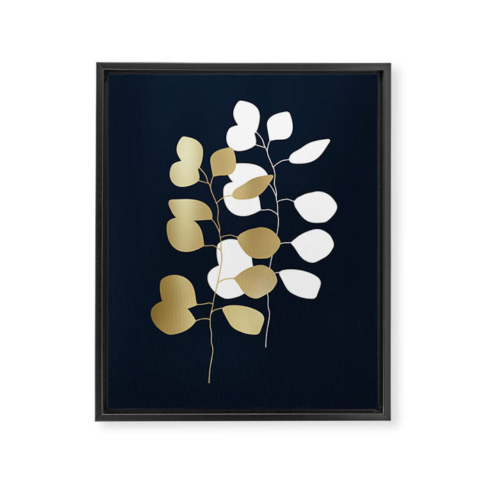 Leaf Duo, Gold and White on Navy Blue Framed Canvas Print Gallery Image 1