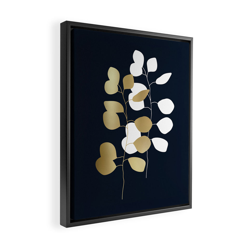 Leaf Duo, Gold and White on Navy Blue Framed Canvas Print Gallery Image 2