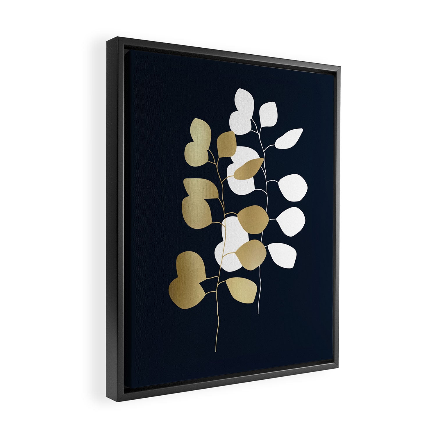 Leaf Duo, Gold and White on Navy Blue Framed Canvas Print Gallery Image 2
