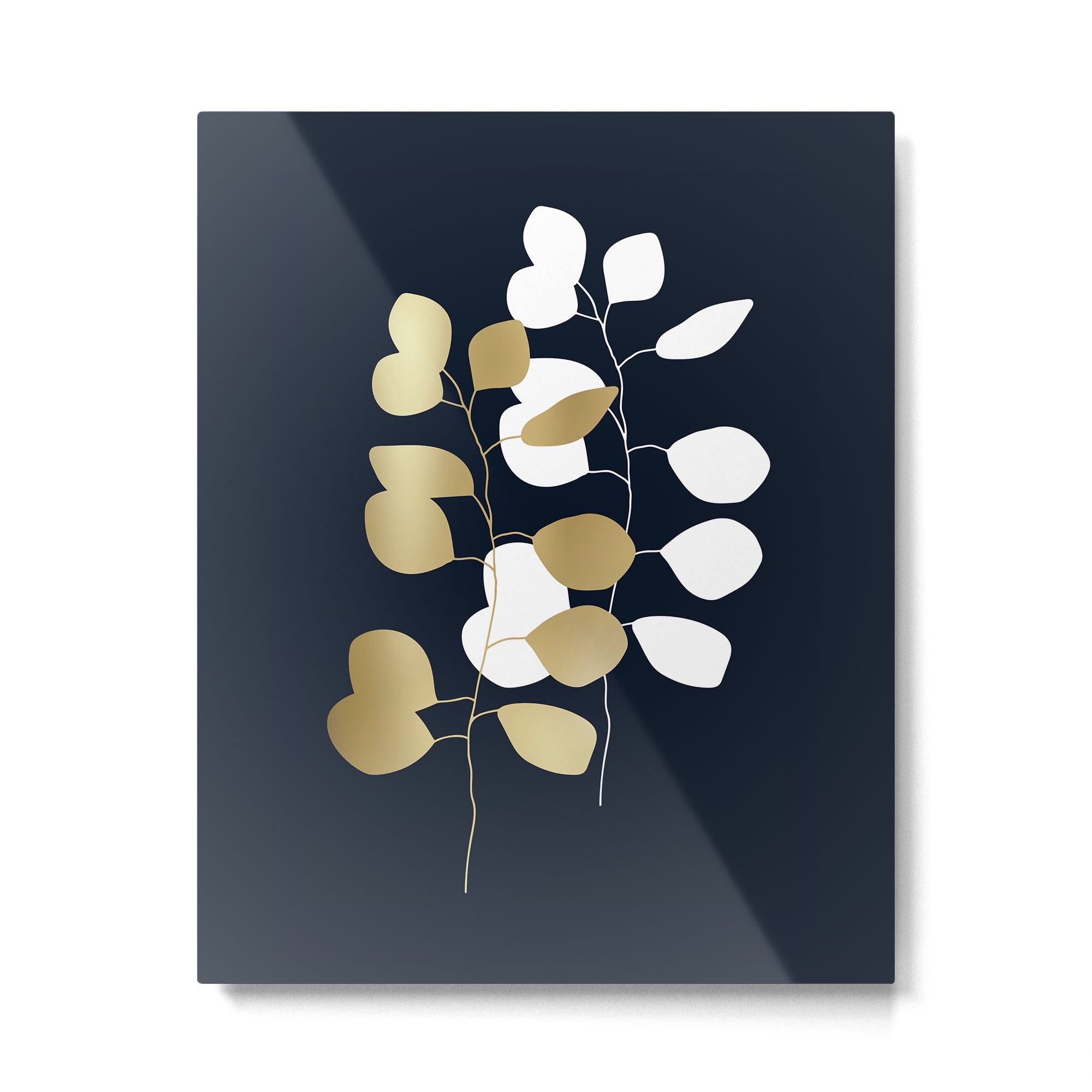 Leaf Duo, Gold and White on Navy Blue Metal Print Gallery Image 6
