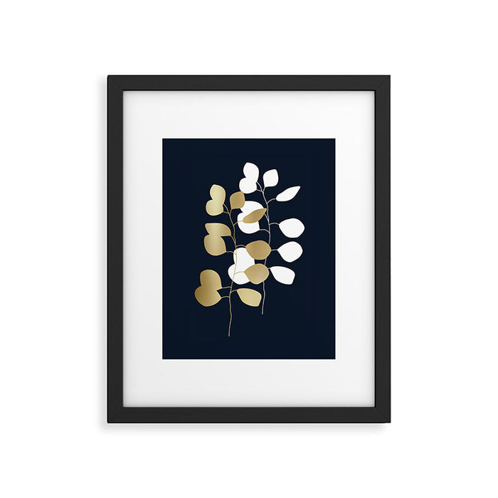 Leaf Duo, Gold and White on Navy Blue Framed Art Print Gallery Image 1