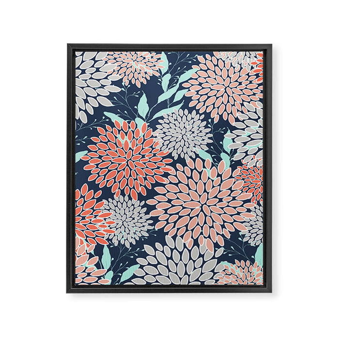 Leaves and Floral Prints, Navy Blue, Aqua, Gray and Coral Framed Canvas Print Gallery Image 1