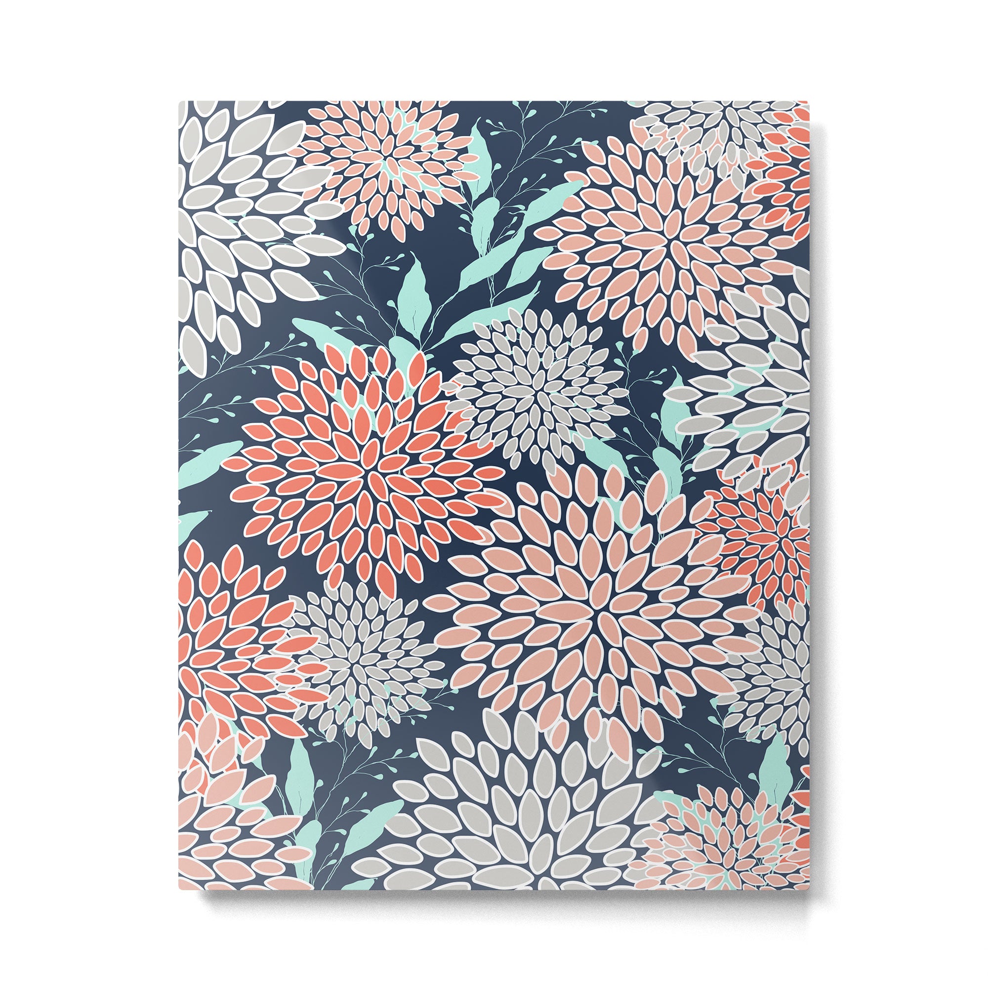 Leaves and Floral Prints, Navy Blue, Aqua, Gray and Coral Metal Print Gallery Image 6