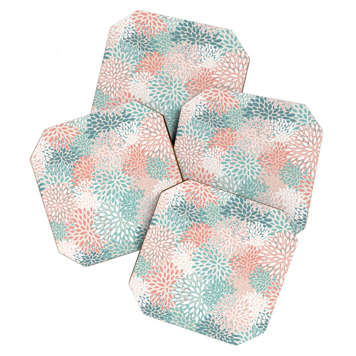 Modern Floral Prints, Coral Teal and Green Coaster Gallery Image 1