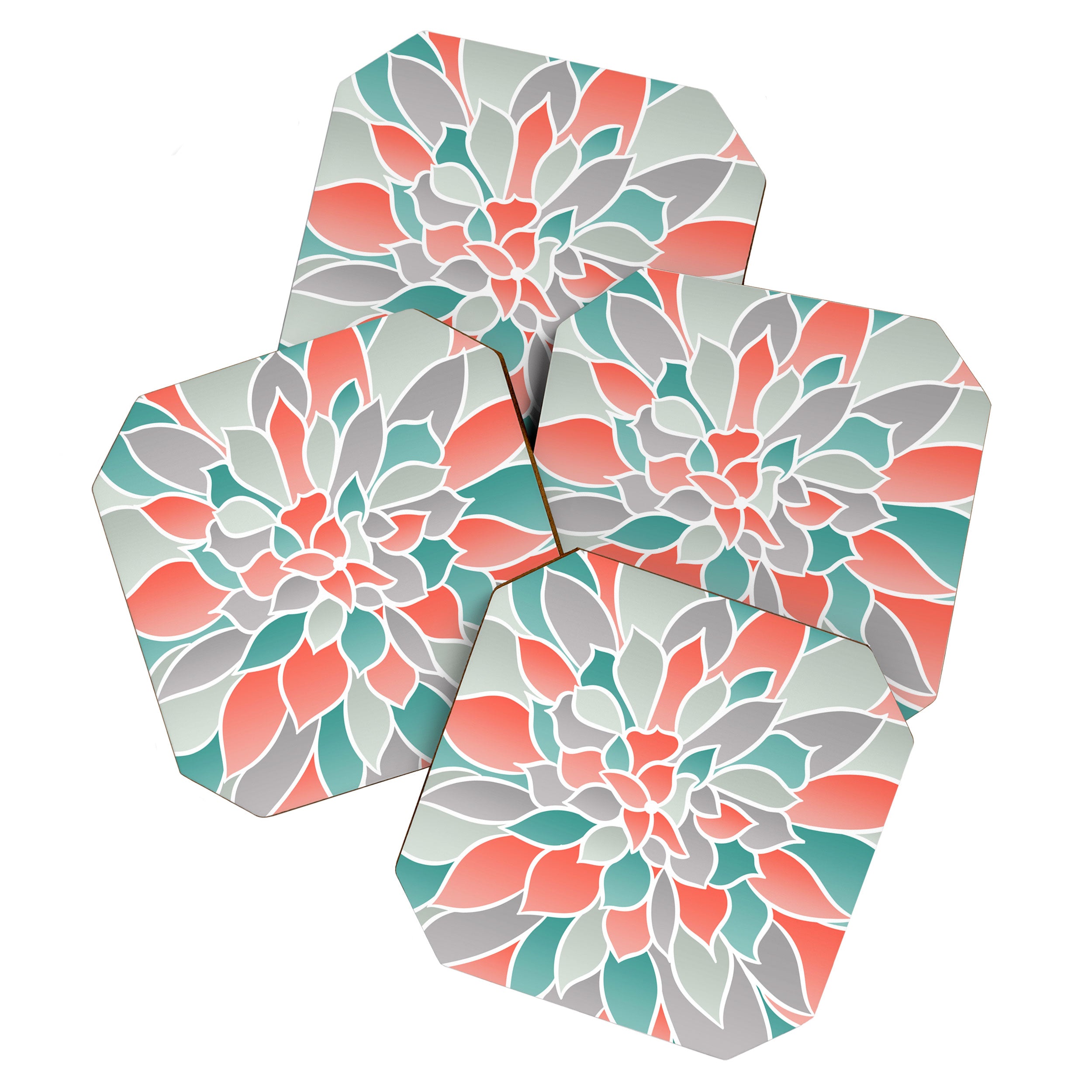 Modern Floral Prints, Coral, Teal Green and Gray Coaster Gallery Image 1