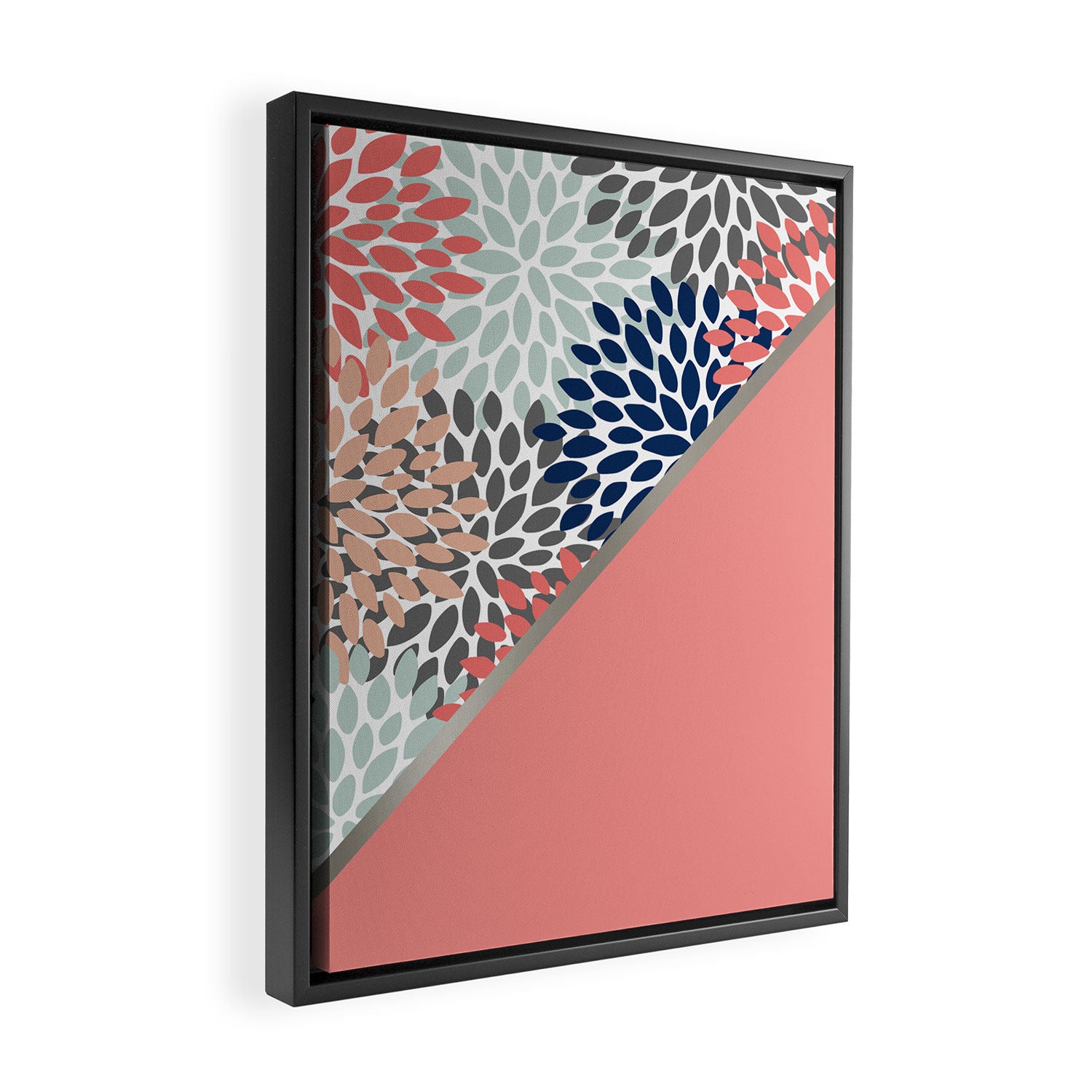 Modern, Floral Prints, with Block Color, Coral, Aqua, Blue Framed Canvas Print Gallery Image 2