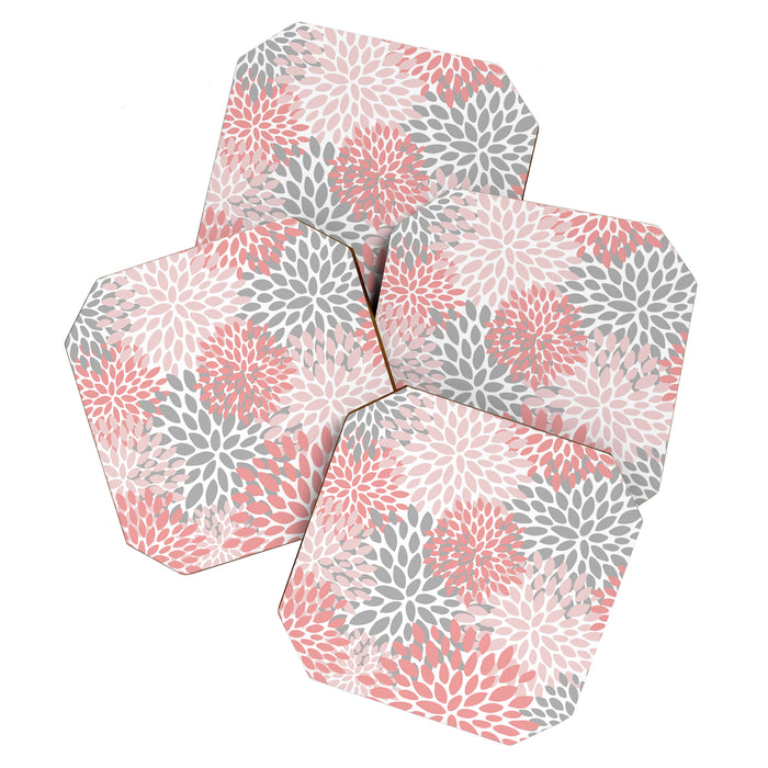 Modern, Flowers Print, Coral, Pink and Gray Coaster Gallery Image 1