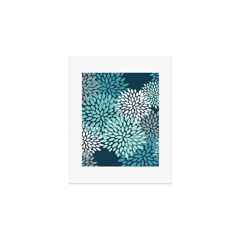 Modern Flowers Print, Teal and White Art Print Gallery Image 1