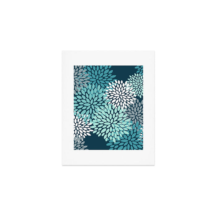 Modern Flowers Print, Teal and White Art Print Gallery Image 1