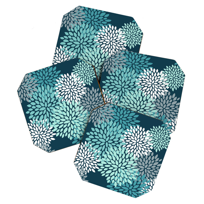 Modern Flowers Print, Teal and White Coaster Gallery Image 1