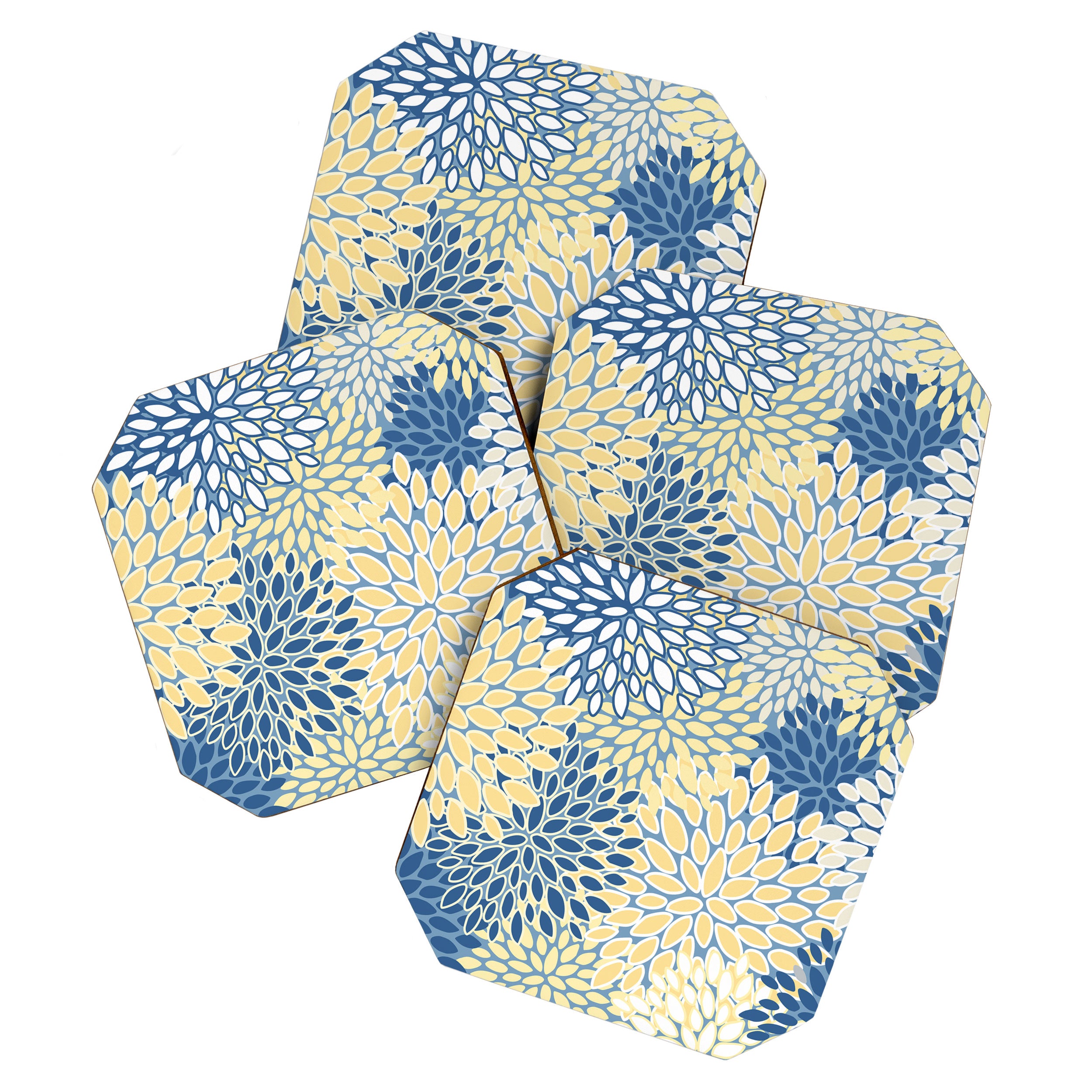 Modern, Flowers Print, Yellow, Blue and White Coaster Gallery Image 1