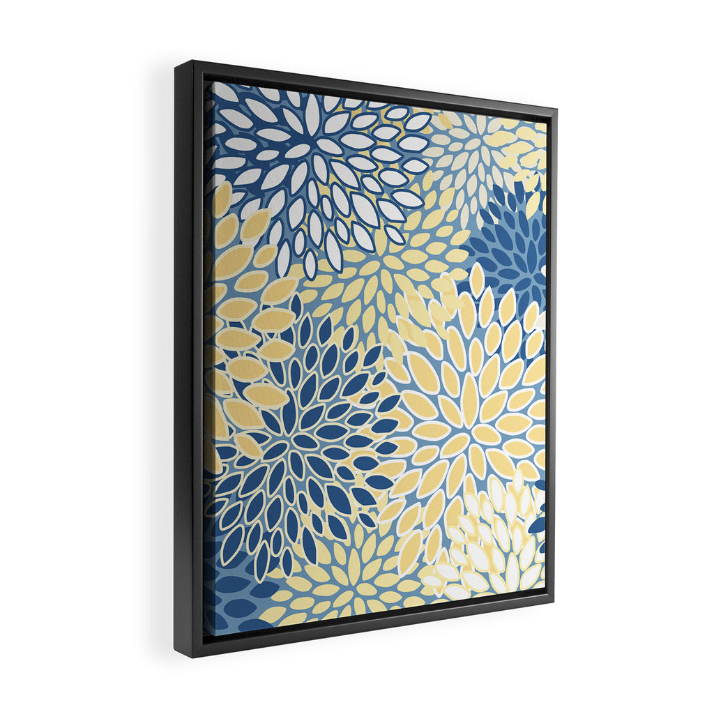 Modern, Flowers Print, Yellow, Blue and White Framed Canvas Print Gallery Image 2