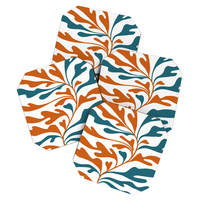 Modern Leaf Abstract Orange and Teal Coaster Gallery Image 1