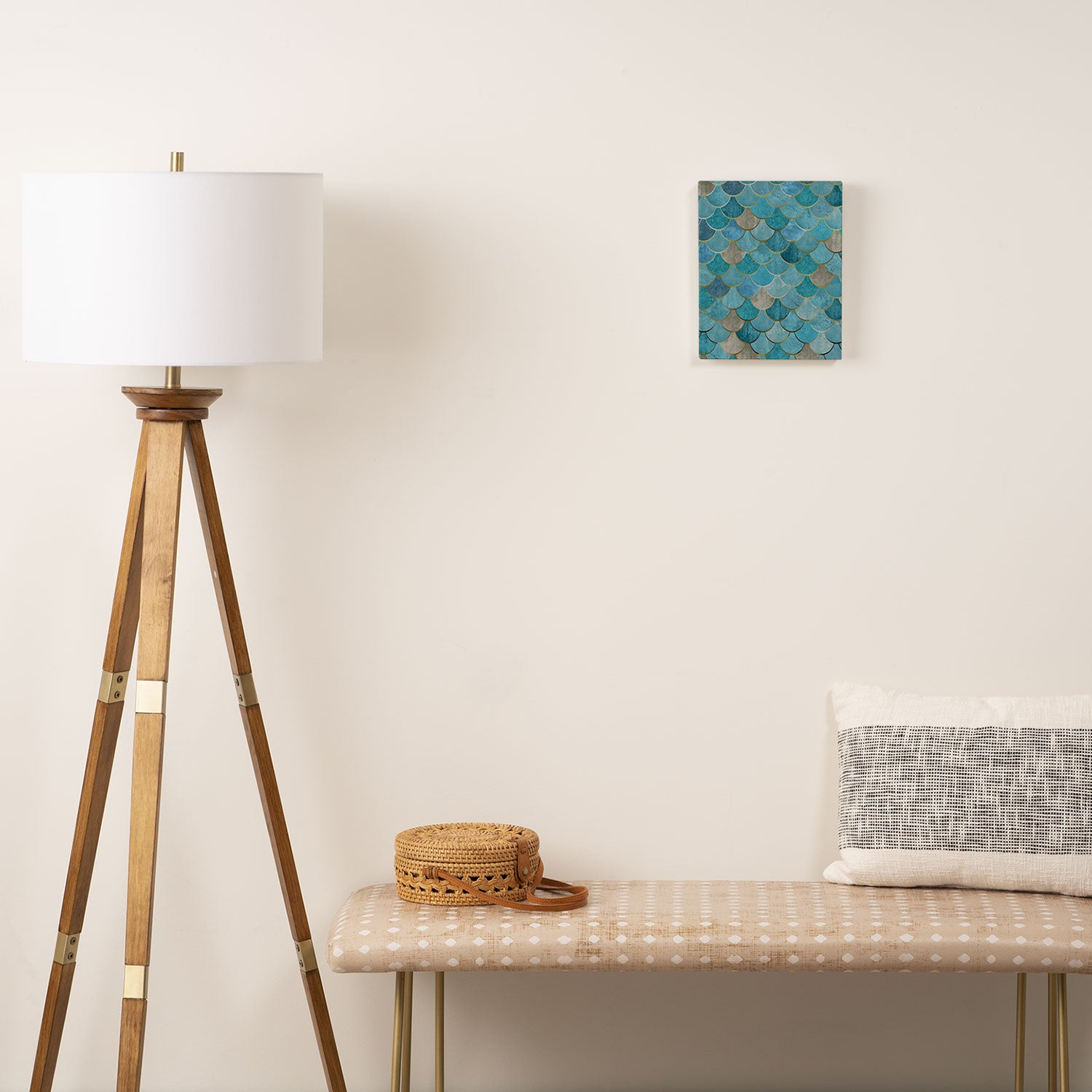 Moroccan Fish Scale Mermaid Pattern, Teal Blue and Gold Canvas Print Gallery Image 2