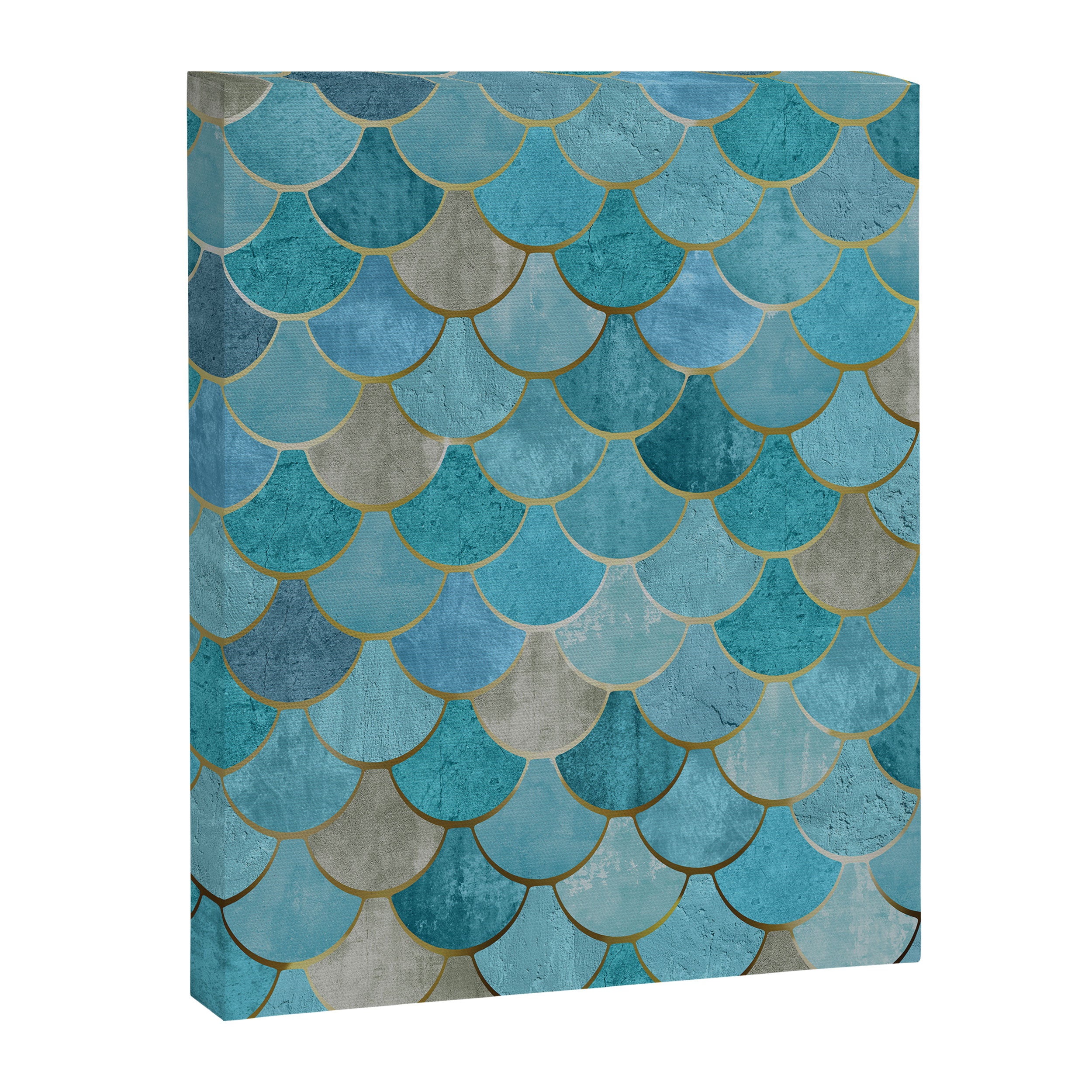 Moroccan Fish Scale Mermaid Pattern, Teal Blue and Gold Canvas Print Gallery Image 8