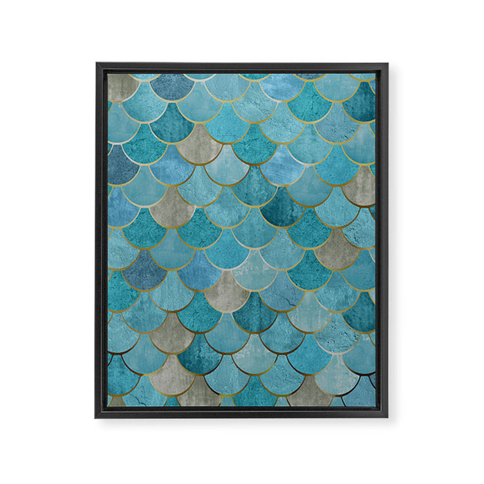 Moroccan Fish Scale Mermaid Pattern, Teal Blue and Gold Framed Canvas Print Gallery Image 1