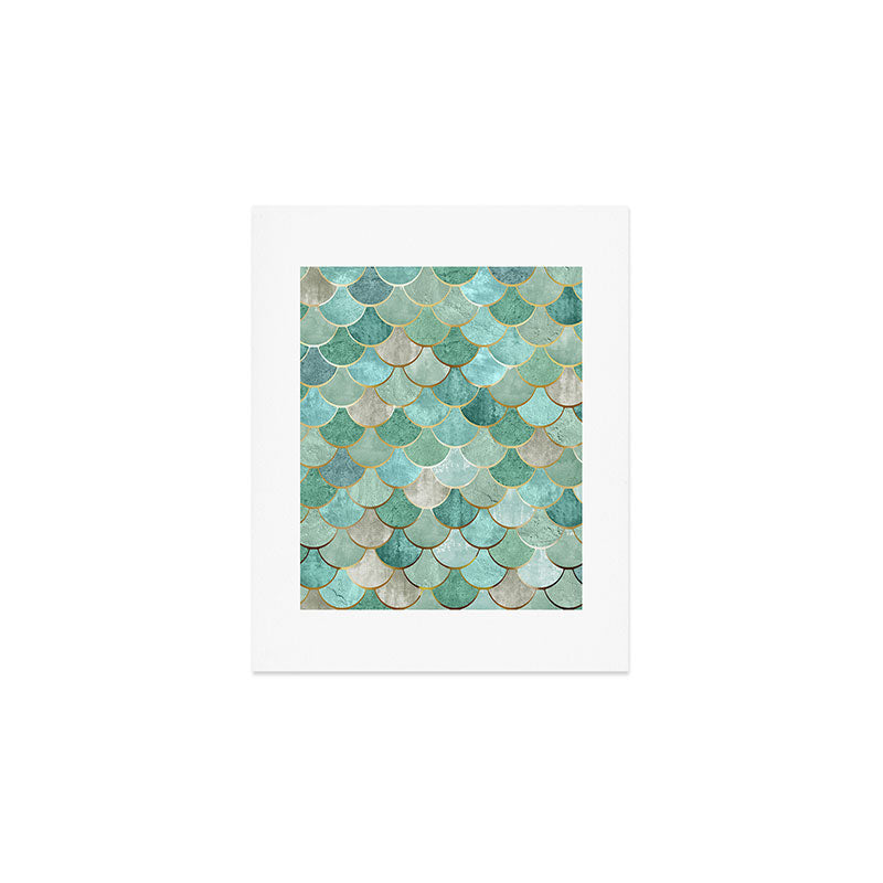 Moroccan Mermaid Fish Scale Pattern, Green and Gold Art Print Gallery Image 1