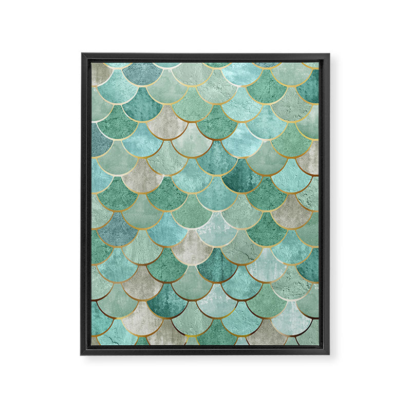Moroccan Mermaid Fish Scale Pattern, Green and Gold Framed Canvas Print Gallery Image 8