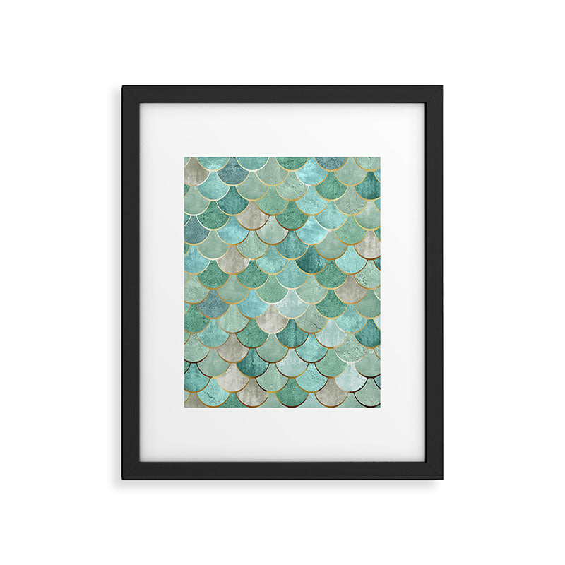 Moroccan Mermaid Fish Scale Pattern, Green and Gold Framed Art Print Gallery Image 6