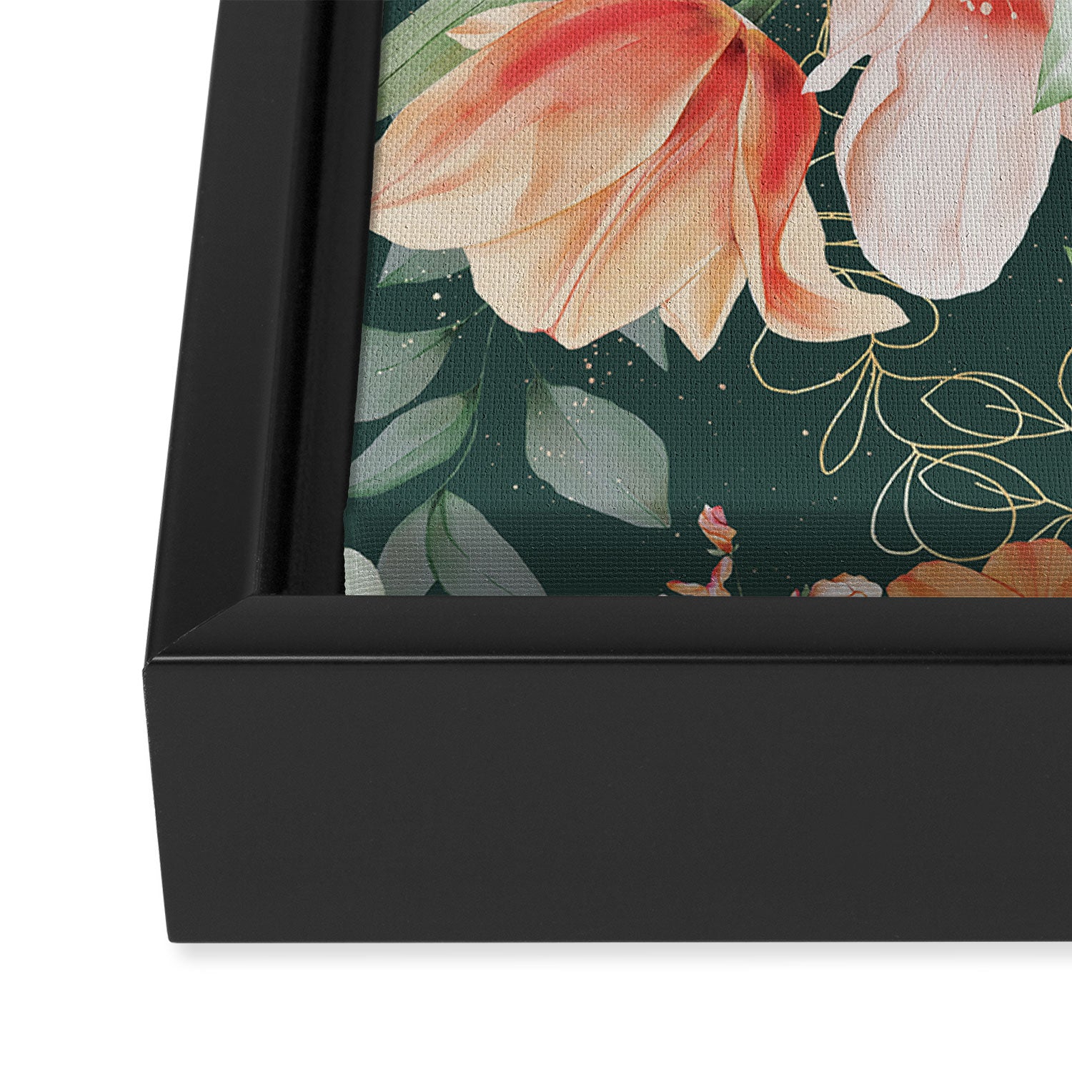 Peach Florals with Painted Speckles on Dark Green Framed Canvas Print Gallery Image 3