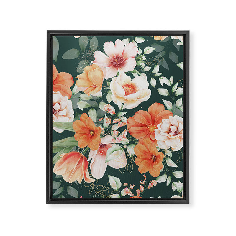 Peach Florals with Painted Speckles on Dark Green Framed Canvas Print Gallery Image 8